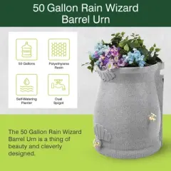 Good Ideas Rain Wizard 50 Gallon Rain Saver Barrel Water Storage Urn with Planter Space and 2 Brass Spigots, Light Granite (2 Pack)