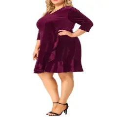 Agnes Orinda Women's Plus Size Stretch Velvet  Ruffle 3/4 Sleeve Party Bodycon Dress