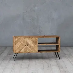 Mindful Living Rustic Farmhouse Mid Century Fusion 2 Shelf Mango Wood Top & Iron Hairpin Legs Chevron Pattern TV Console Cabinet Entertainment Center