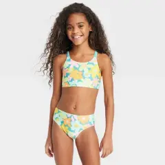 Girls' 3pc Spring Blooms Swimwear Set - Cat & Jack&trade; Light Aqua Blue