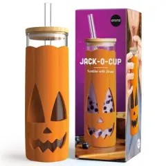 Ototo 17 fl oz Jack-o-Cup Glass Tumbler with Lid and Straw, Silicone, Glass, and Bamboo Orange
