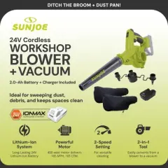 Sun Joe 24 Volt IONMAX Work Shop Blower and Vacuum, Battery & Charger, Green/Black &ndash; Electric Powered Portable Lawn Tools, 24V-WSB-LTE