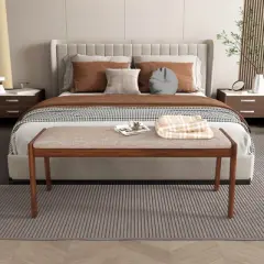 Costway 1 PCS 45" Farmhouse Backless Bench with Rubber Wood Legs & Fabric Padded Seat