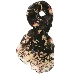 Wrapables Lightweight Vintage Floral Bird Print Long Scarf Wrap, Black