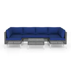 Costway 7 Piece Outdoor Furniture Set with Seat & Back Cushions Tempered Glass Coffee Table Navy/Gray