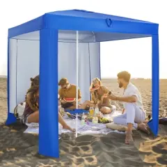 Costway UPF 50+ Beach Tent 6.6ft x 6.6ft Beach Cabana with Folding Table, 5 Sandbags
