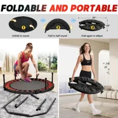 Jump Into Fun 40" Foldable Trampoline With 3-Level Adjustable Foam Handle Silent Stretching, for Kids Adults, Indoor/Outdoor Mini Trampoline