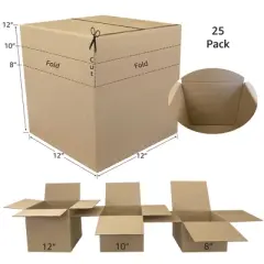 UOFFICE Pack of 25 Multi-Depth Corrugated Shipping Boxes 12" x 12" x 12"