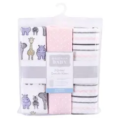 Hudson Baby Infant Girl Quilted Cotton Swaddle Wrap 3pk, Pink Safari, 0-3 Months