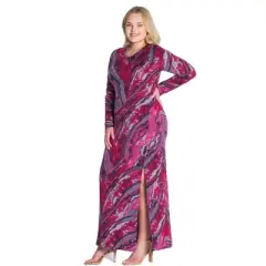 Womens Plus Size Magenta Print Long Sleeve Side Slit Maxi Dress