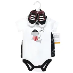 Hudson Baby Infant Boy Cotton Bodysuit, Shorts and Shoe Set, Pirate Shark