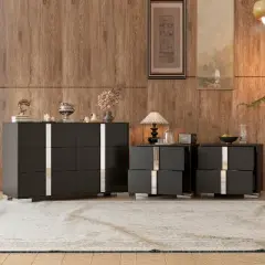 3-Piece Bedroom Furniture Set, 6-Drawer Dresser & 2 Nightstands with Metal Handles, Storage for Bedroom & Living Room - ModernLuxe