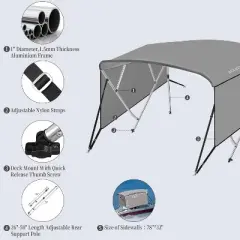 4 Bow Bimini Top Boat Cover with 1" Aluminum Alloy Frame, 600D Marine Grade Fabric, Adjustable Rear Support Poles, Zippered Storage Boot & Heavy Duty