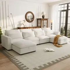 Modular Sofa with 2 Storage Ottomans, U-shaped Sofa Couch, Freely Transformable, Beige/Gray/Blue-ModernLuxe