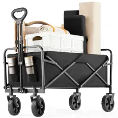 FURNIinspire Wheelbarrows And Lawn Carts Collapsible Folding Wagon Car, Heavy Duty Utility Wagon With All-Terrain Wheels, Black, 18.5"*29.5"*35"