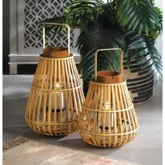 13.75" Wood Slat Outdoor Lantern Tan - Zingz & Thingz: Patio Candle Holder, Bronze Plated Finish