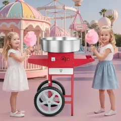 VEVOR Electric Cotton Candy Machine with Cart, 1000W Commercial Candy Floss Maker with 20.5 in Stainless Steel Bowl, Sugar Scoop, and Drawer, Red