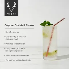 Viski Copper Metal Straws, 8 Inch Copper Straws Reusable Straws for Tumblers, Stainless Steel Drinking Straw, Reusable Straw, Set of 4