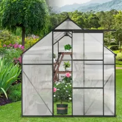 6x8 FT Polycarbonate Greenhouse, Aluminum Walk-in Greenhouses with Sliding Door & Raised Base, Plant Greenhouse for Outdoor Garden Backyard