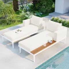 YOOCOZZ Wood Patio Modern Daybed with 2 in 1 Padded Chaise Lounges and Wood Topped Side Spaces for Drinks
