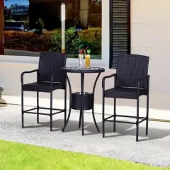 Outsunny Rattan Wicker Bar Set for 3 PCS with Ice Buckets, Patio Furniture with 1 Bar Table and 2 Bar Stools for Poolside, Backyard, Porches