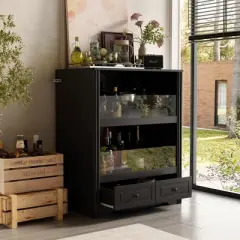 Famapy Black Wine Cabinet with a Two - layer Semi - Open Structure.