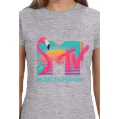 MTV Womens' Music Television Vaporwave Flamingo Icon '80s Crewneck T-Shirt Grey