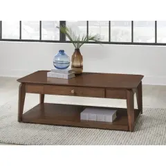 Signature Design by Ashley Trenmour Mid-Century Modern Rectangular Coffee Table with Storage Drawer, Casters & Shelf, Brown