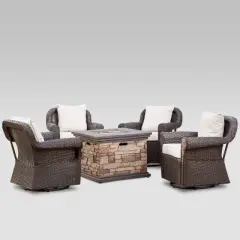 Ariel 5pc Wicker Rocking Chairs and Fire Pit Set - Dark Brown/Beige - Christopher Knight Home