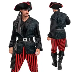 Joyfy Men Pirate Costume, Adult Pirate Shirt Vest Viking Pants Hat Set for Halloween Themed Parties