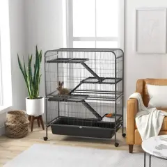 PawHut 53.5" H Small Animal Cage, 5-Level Metal Ferret or Bunny Cage with Wheels, Chinchilla Cage with Removable Tray, 2 Front Doors, Ramps, Gray