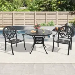 3-Piece Cast Aluminum Outdoor Dining Set: Round Table, Stackable Chairs & Brown Cushions - All-Weather Patio Furniture for Your Backyard