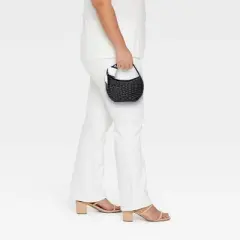 Straw Mini Bag with Bow - A New Day&trade; Black: Woven Paper Straw, Structured Shoulder Handbag, Single Handle, Solid Pattern