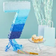 Blue Panda Number 7 Pull String Pinata for Boys 7th Birthday Party Decorations, Ombre Blue, 16.5 x 11.35 x 3 In