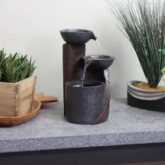Sunnydaze Indoor Home Decorative Resin 3-Tier Descending Bowls Tabletop Water Fountain - 9" - Dark Brown