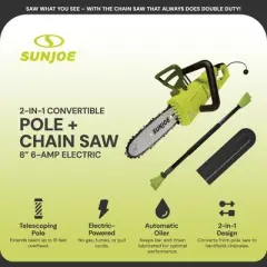 Sun Joe 8 Inch Electric Convertible Pole Chain Saw, 2-in-1 Lightweight Cutting Tree Trimming Tool with Telescoping Handle, 6 Amp Motor, Green, SWJ805E