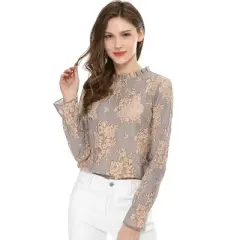 Allegra K Women's Crochet Lace See Through Top Ruffle Frill Neck Floral Elegant Blouse