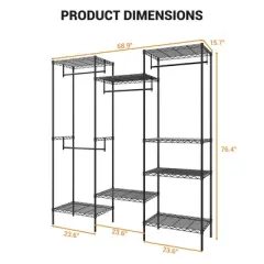 Heavy Duty Metal Clothing Rack, Freestanding Garment Organizer with 4 Hanging Rods and 8 Adjustable Shelves for Closet, Black