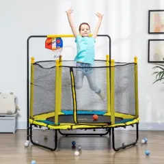 NAYSAYE Trampoline Kids Indoor Outdoor Trampoline with Basketball Hoop and Safety Net for Active Fun, Yellow, 55.00"*55.00"*55.00"