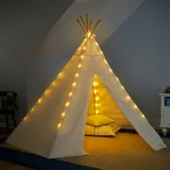 HearthSong 7&Otilde; Cotton Canvas and Wooden Pole Indoor/Outdoor Family Tent with 7&Otilde; Battery-Operated Tent Lights