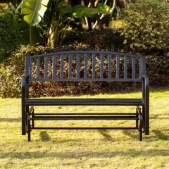 Gardenised Outdoor Black Steel Swing, Powder Coated Glider Bench, Loveseat Lawn Rocker Bench for Yard, Patio, Garden and Deck