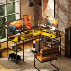 HOMCOM L Shaped Desk with LED Lights and Power Outlets, 59" Gaming Desk with Monitor Stand and Storage Shelves, Corner Computer Desk