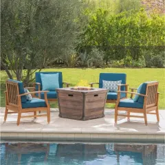 GDFStudio Belle Outdoor Acacia Wood 5 Piece Club Chair and Fire Pit Set with Cushions