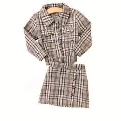 Girls Bold Ambition Plaid Collared Jacket & Skirt Set - Mia Belle Girls