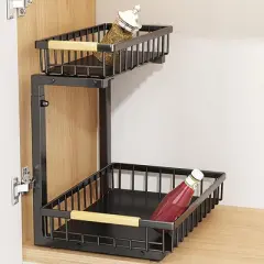 2 Tier Kitchen Cabinet Organiser, L Shape, Height-Adjustable Sink Cabinet, Organiser, Spice Rack, Standing Kitchen Organiser, Under Sink Shelf
