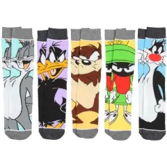 WB Looney Tunes Character Faces Men's 5 Pair Casual Crew Socks Mid Calf Multicoloured