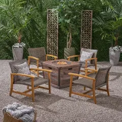 GDFStudio Savannah Outdoor Acacia Wood and Wicker 5 Piece Club Chair and Fire Pit Set