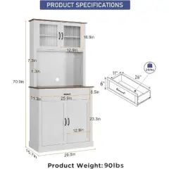 Jojoka Kitchen Pantry Cabinet,71"Freestanding Buffet with Shelves and Glass Doors for Dining Room