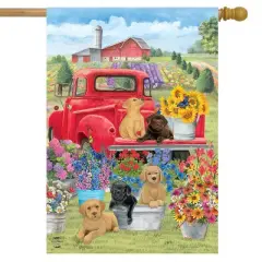 Spring Day Puppies House Flag Red Pickup Truck Floral 28" x 40" Briarwood Lane