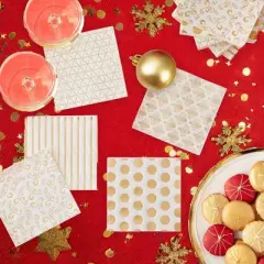 Blue Panda 100 Pack Polka Dotted Gold and White Cocktail Napkins for Wedding, Birthday Party Supplies, 5 x 5 In